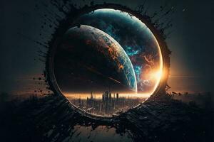 Cyberpunk Planet, Solar- Systempunk, das ganz Universum ist zusammenbrechen im auf selbst. Mensch im das ruiniert Stadt, zerstört Erde, Digital malen. Konzept Apokalypse. schwarz Loch im Raum foto