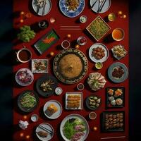 oben Aussicht von Tabelle Abendessen Chinesisch. Knolling Fotografie von Chinesisch Abendessen Neu Jahr , beschwingt. Vietnamesisch traditionell Mahlzeit im Land Seite. eben legen. foto