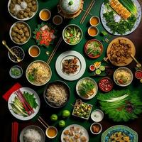 oben Aussicht von Tabelle Abendessen Vietnamesisch. Knolling Fotografie von Familie Abendessen Neu Jahr , beschwingt. Vietnamesisch traditionell Mahlzeit im Land Seite. eben legen. foto