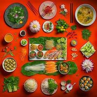 oben Aussicht von Tabelle Abendessen Vietnamesisch. Knolling Fotografie von Familie Abendessen Neu Jahr , beschwingt. Vietnamesisch traditionell Mahlzeit im Land Seite. eben legen. foto