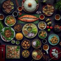 oben Aussicht von Tabelle Abendessen Vietnamesisch. Knolling Fotografie von Familie Abendessen Neu Jahr , beschwingt. Vietnamesisch traditionell Mahlzeit im Land Seite. eben legen. foto