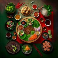 oben Aussicht von Tabelle Abendessen Vietnamesisch. Knolling Fotografie von Familie Abendessen Neu Jahr , beschwingt. Vietnamesisch traditionell Mahlzeit im Land Seite. eben legen. foto