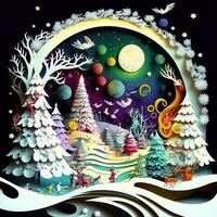 Papier Schnitt quilling mehrdimensional, Papier Schnitt Handwerk, Papier Illustration, Weihnachten Baum und farbig Beleuchtung, Ranke, Sterne, Tunnel, Komet, aufwendig, Öl, Weihnachten, Santa Klaus, Schnee, Tauben foto