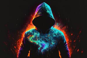 generativ ai doppelt Exposition ein einsam Zahl im ein Kapuzenpullover und Leistung Boxen, Universen kollidieren mit Neon, Cyberpunk, Holographie, kosmisch Hintergrund. anonym Mann im ein schwarz Kapuzenpullover hacken Computer Benutzerbild foto