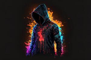 generativ ai doppelt Exposition ein einsam Zahl im ein Kapuzenpullover und Leistung Boxen, Universen kollidieren mit Neon, Cyberpunk, Holographie, kosmisch Hintergrund. anonym Mann im ein schwarz Kapuzenpullover hacken Computer Benutzerbild foto