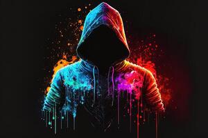 generativ ai doppelt Exposition ein einsam Zahl im ein Kapuzenpullover und Leistung Boxen, Universen kollidieren mit Neon, Cyberpunk, Holographie, kosmisch Hintergrund. anonym Mann im ein schwarz Kapuzenpullover hacken Computer Benutzerbild foto