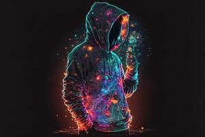 generativ ai doppelt Exposition ein einsam Zahl im ein Kapuzenpullover und Leistung Boxen, Universen kollidieren mit Neon, Cyberpunk, Holographie, kosmisch Hintergrund. anonym Mann im ein schwarz Kapuzenpullover hacken Computer Benutzerbild foto