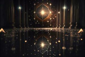 Dusche von ein Million funkelnd Star geformt Spiegel von das Himmel. hell kreativ abstrakt Dekoration Element zum Feier. Gold und Silber funkeln Star mit golden Rahmen auf dunkel Hintergrund. foto