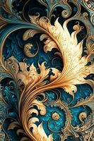 wirbelnd großartig fraktalesk Rokoko Muster. Collage zeitgenössisch drucken mit kreativ futuristisch Wellen Muster mit lila und Gelb Farben, Textur. künstlerisch foto
