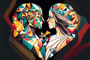Paar auf das Hintergrund von das Herz, Valentinstag Tag Poster, Valentinsgrüße mit abstrakt, geometrisch Hintergrund. geometrisch Drucke, geometrisch Muster.Generativ ai foto