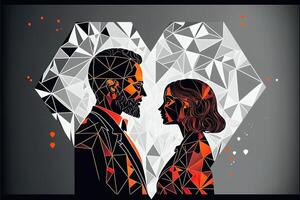 Paar auf das Hintergrund von das Herz, Valentinstag Tag Poster, Valentinsgrüße mit abstrakt, geometrisch Hintergrund. geometrisch Drucke, geometrisch Muster.Generativ ai foto