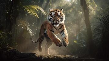 majestätisch Tiger im Sprung. generativ ai foto