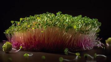 genießen das sprießen ein köstlich Bild von ein nahrhaft Mahlzeit mit Alfalfa, Brokkoli, und Rettich Sprossen generativ ai foto