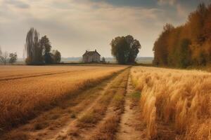 Herbst ländlich Landschaft mit Weizen Feld auf das erde und Bauernhof auf das zurück planen. ai generiert foto