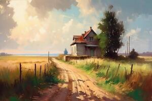 Jahrgang Impressionist alt Bauernhof Haus im ein Feld im das Morgen Öl Gemälde von Sommer- Straße und Zaun führen zu ein Heimatstadt. ai generiert foto