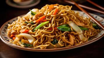 Chow mein, gebraten Nudeln mit Hähnchen und Gemüse, generativ ai foto