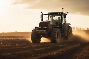Traktor auf ein landwirtschaftlich Feld. Aussaat, Ernte. generativ ai foto