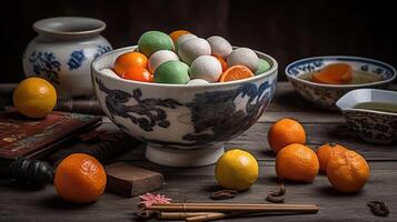 Schüssel von Tangyuan, Vermögen Kekse, Mandarinen und Tee auf Grunge Hintergrund, generativ ai foto