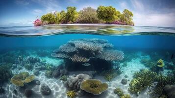 tropisch Insel und Koralle Riff - - Teilt Aussicht mit Wasserlinie, generativ ai foto