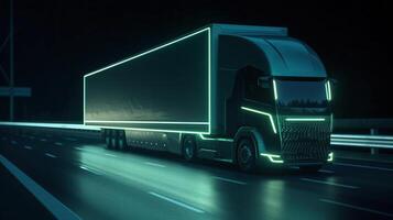 autonom halb LKW mit Ladung Anhänger fährt beim Nacht auf das Straße mit Sensoren Scannen Umgebung. Besondere Auswirkungen von selbst Fahren LKW Digitalisierung Autobahn, generativ ai foto