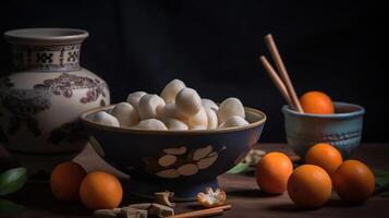 Schüssel von Tangyuan, Vermögen Kekse, Mandarinen und Tee auf Grunge Hintergrund, generativ ai foto