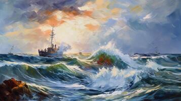 Impressionist Malerei, Meer, Schiff, Sturm, groß Welle Illustration ai generativ foto
