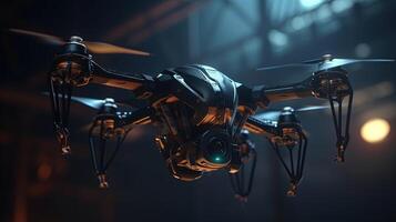 Drohne Hubschrauber mit ein Digital Kamera schwebt, Digital Kunst Illustration, generativ ai foto