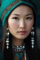 ai generiert schön kazakh asiatisch Frau Porträt im National Kostüm. Frau mit Baby foto