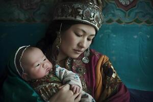 ai generiert schön kazakh asiatisch Frau Porträt im National Kostüm. Frau mit Baby foto
