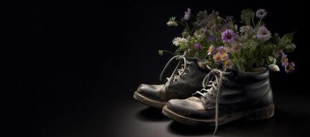 generativ ai, alt Stiefel mit Wiese Frühling Blumen, handgemacht Schuh Pflanzer. Umwelt Aktivismus Konzept foto