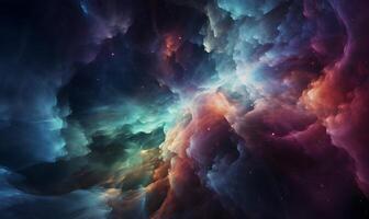 abstrakt Raum thematisch Hintergrund mit ein bunt Nebel oder Supernova, mit beschwingt wirbelt von Gas und Staub. generativ ai foto