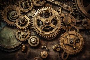 Steampunk-inspiriert Ausrüstung Räder eingebettet im ein Uhrwerk Mechanismus einstellen gegen ein Antiquität texturiert Hintergrund. ai generiert foto