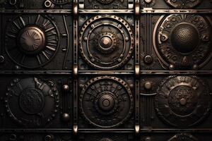 dunkel Steampunk metallisch scifi Textur Hintergrund Design. ai generiert foto