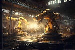 Technologie Idee Digital Kunst Illustration von ein industriell Maschine Roboter Arm beim ein Fabrik. ai generiert foto