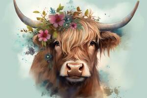 Hochland Kuh illustriert Porträt Gemälde tragen Blumen- Krone ai unterstützt. ai generiert foto