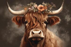 Hochland Kuh illustriert Porträt Gemälde tragen Blumen- Krone ai unterstützt. ai generiert foto