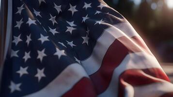 generativ ai Inhalt, amerikanisch Flagge winken im das Wind. Vertikale Banner. Flagge Tag Juli 4. National Flagge Tag. foto