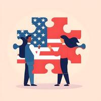 zwei Menschen Hand halten und Beitritt Puzzle mit amerikanisch Flagge Symbol zum USA Unabhängigkeit Tag und Vielfalt kulturell. Konzept im Karikatur Illustration Vektor ai generativ foto