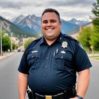 gut aussehend Polizei Offizier lächelnd mit Natur Hintergrund ai generiert foto