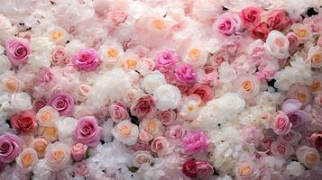 generativ ai, Blumen Mauer Hintergrund mit Weiß und Licht Rosa frisch Rosen, Pastell- und Sanft Strauß Blumen- Karte foto