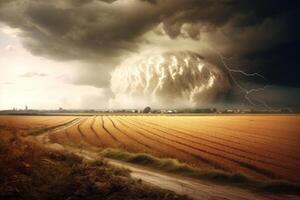 Tornado tobt durch ein Feld. Illustration ai generativ foto