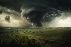 Tornado tobt durch ein Feld. Illustration ai generativ foto