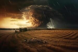 Tornado tobt durch ein Feld. Illustration ai generativ foto