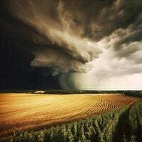 Tornado tobt durch ein Feld. Illustration ai generativ foto