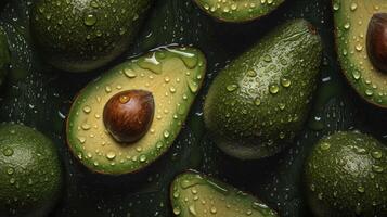 generativ ai, Makro frisch saftig Hälfte und ganze von Grün Avocado Obst Hintergrund wie Muster. Nahansicht Foto mit Tropfen von Wasser