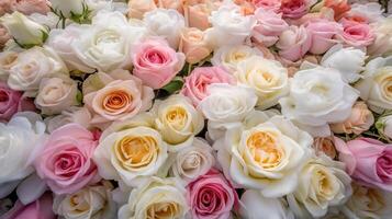 generativ ai, Blumen Mauer Hintergrund mit Weiß und Licht Rosa frisch Rosen, Pastell- und Sanft Strauß Blumen- Karte foto