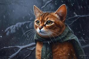 generativ ai, Abessinier Katze Abenteurer im Winter Wälder. Öl Gemälde von süß Haustier, Tier tragen Kleidung. foto