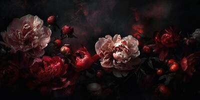 generativ ai, schließen oben von Blühen Blumenbeete von tolle rot Farbe Blumen auf dunkel launisch Blumen- texturiert Hintergrund. fotorealistisch Wirkung.. foto