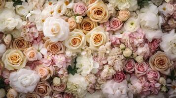 generativ ai, Blumen Mauer Hintergrund mit Weiß und Licht Rosa frisch Rosen, Pastell- und Sanft Strauß Blumen- Karte foto