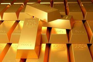Gold Goldbarren, fein Gold Riegel, Gold Schatzkammer. Konzept von Banken, Geschäft, Investition und Austausch Preise, Gold Markt. 3d Rendern foto
